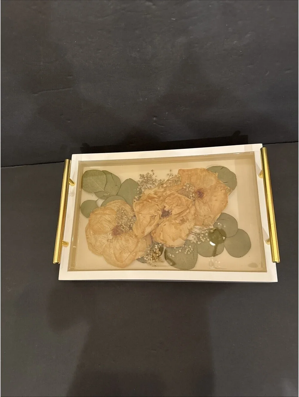 Vtg Wooden Serving Tray W Gold Metal Handles Dried Flowers In Lucite 11.75” L
